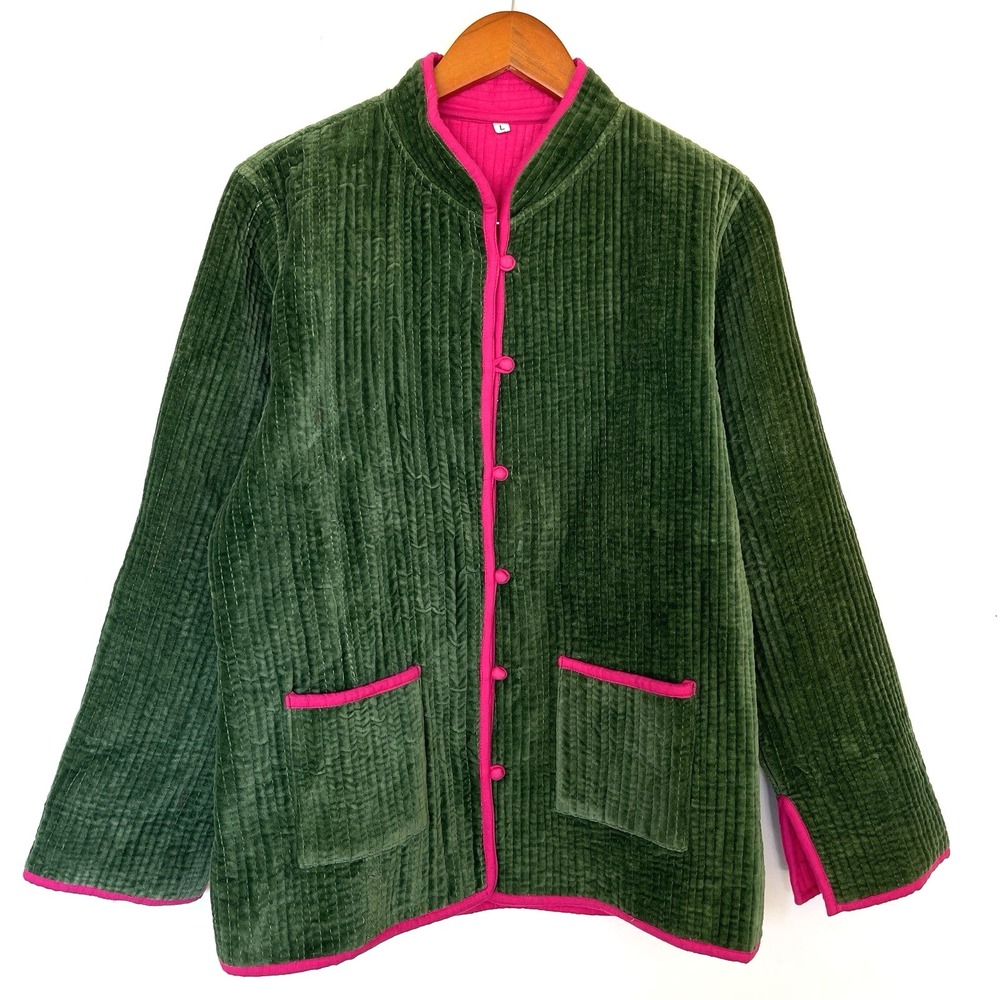 Blue Door London Quilted Velvet Jacket Size L Green Artesian Unique World Trade